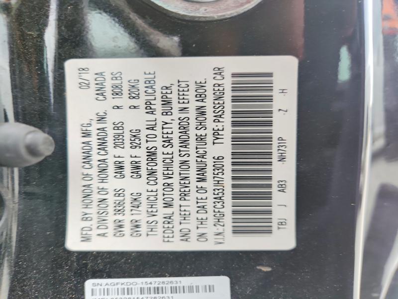52181436 :رقم المزاد ، 2HGFC3A53JH753016 vin ، 2018 Honda Civic مزاد بيع
