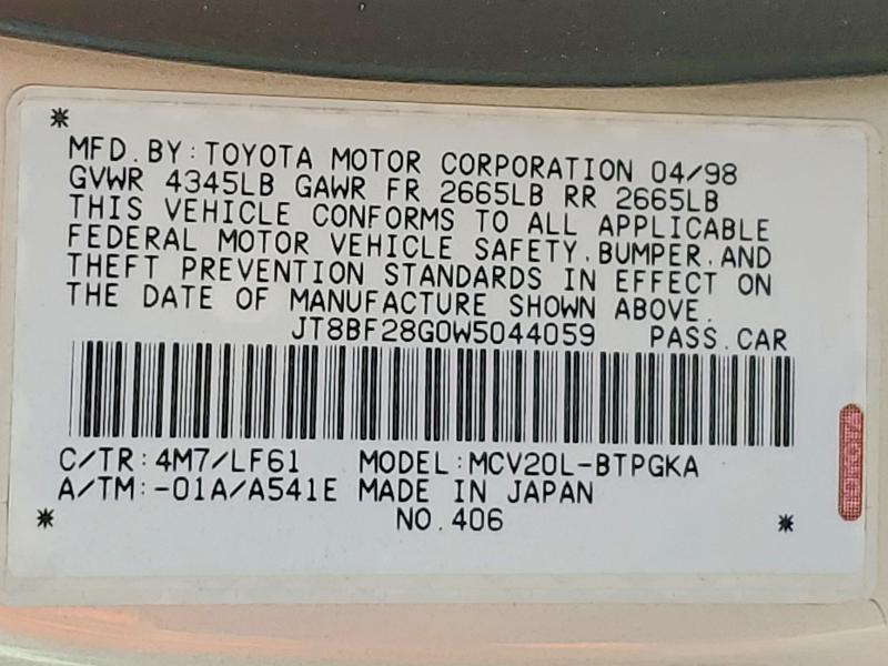 52876566 :رقم المزاد ، JT8BF28G0W5044059 vin ، 1998 Lexus Es مزاد بيع