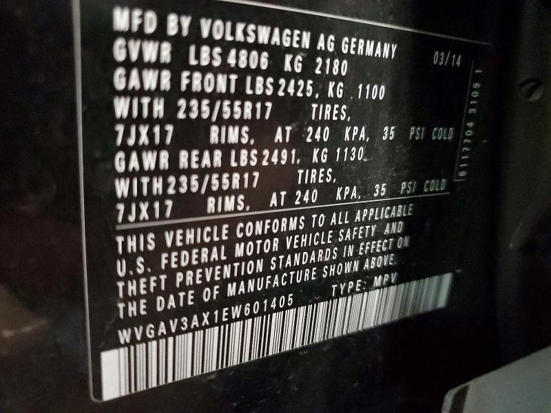 Продаж на аукціоні авто 2014 Volkswagen Tiguan, vin: WVGAV3AX1EW601405, номер лоту: 54440186