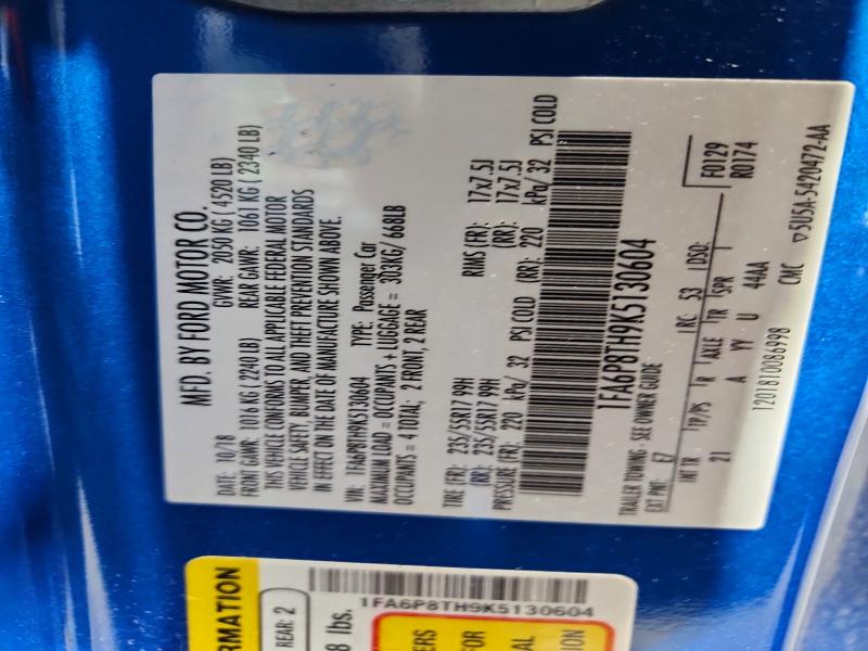 2019 Ford Mustang მანქანა იყიდება აუქციონზე, vin: 1FA6P8TH9K5130604, აუქციონის ნომერი: 53205766