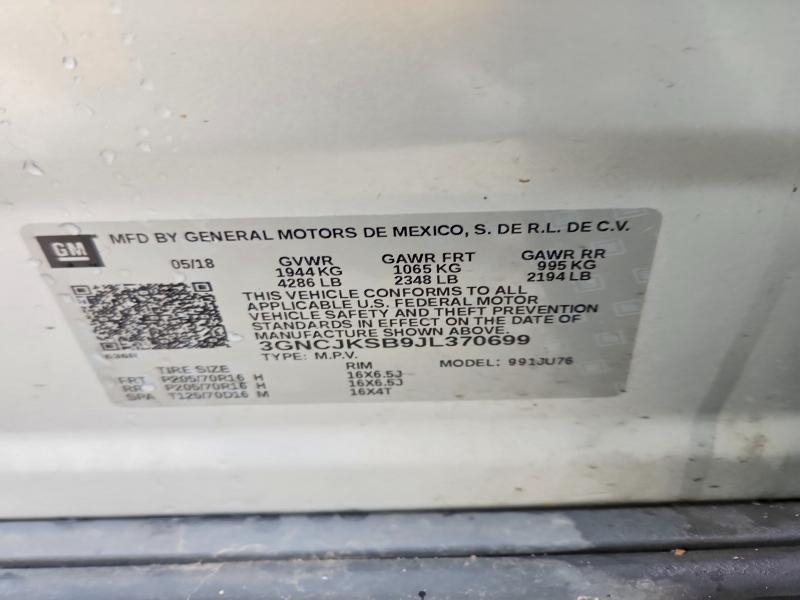 Aukcja sprzedaży 2018 Chevrolet Trax, vin: 3GNCJKSB9JL370699, numer aukcji: 53940106