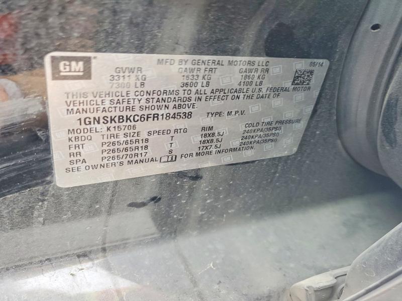 53530516 :رقم المزاد ، 1GNSKBKC6FR184538 vin ، 2015 Chevrolet Tahoe مزاد بيع
