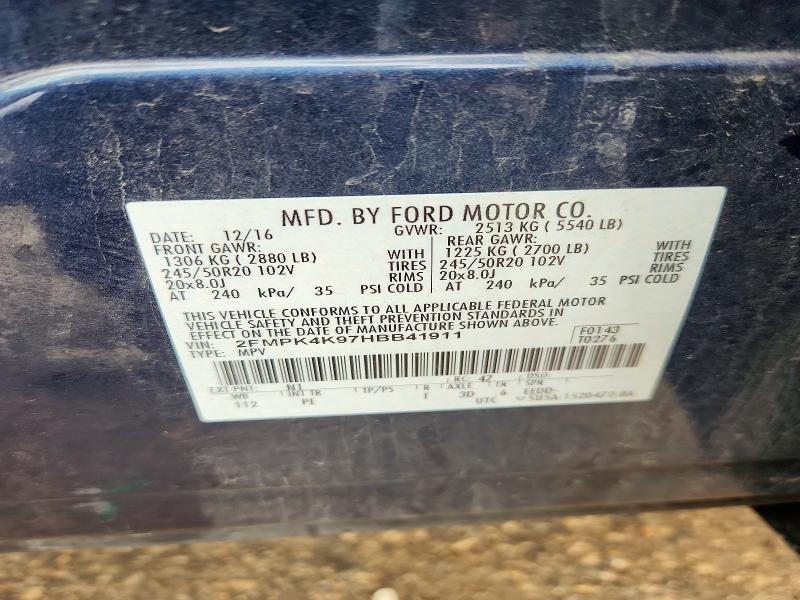 53887796 :رقم المزاد ، 2FMPK4K97HBB41911 vin ، 2017 Ford Edge مزاد بيع