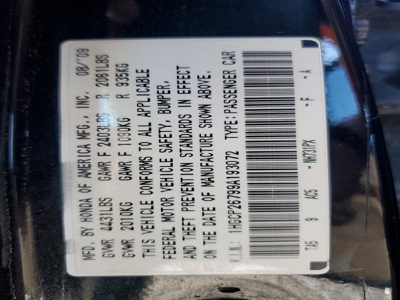 2009 Honda Accord მანქანა იყიდება აუქციონზე, vin: 1HGCP26799A193072, აუქციონის ნომერი: 52084276