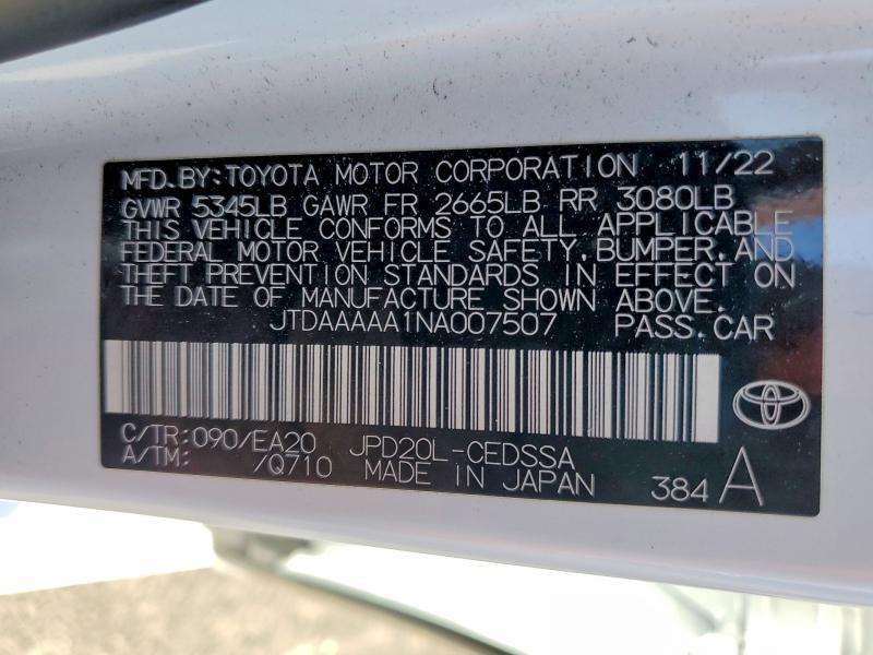 Продажа на аукционе авто 2022 Toyota Mirai, vin: JTDAAAAA1NA007507, номер лота: 54464486