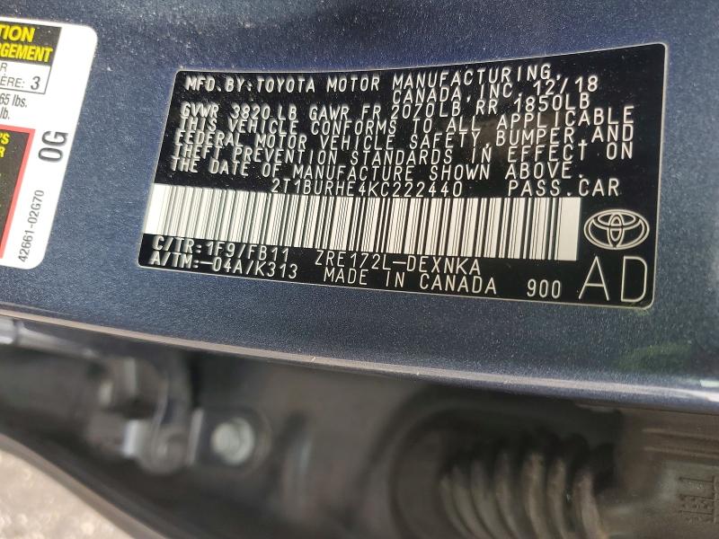 Продаж на аукціоні авто 2019 Toyota Corolla, vin: 2T1BURHE4KC222440, номер лоту: 51868896