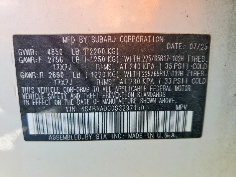 2025 Subaru Outback მანქანა იყიდება აუქციონზე, vin: 4S4BTADC0S3297150, აუქციონის ნომერი: 51969396