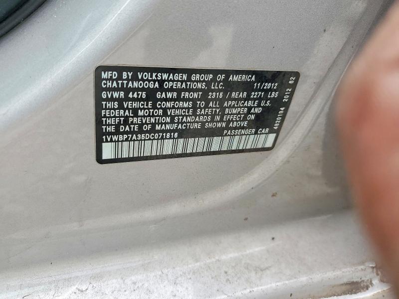 Продажа на аукционе авто 2013 Volkswagen Passat, vin: 1VWBP7A35DC071816, номер лота: 51172526