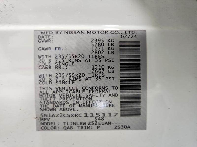 2024 Nissan Murano მანქანა იყიდება აუქციონზე, vin: 5N1AZ2CSXRC115117, აუქციონის ნომერი: 52412716
