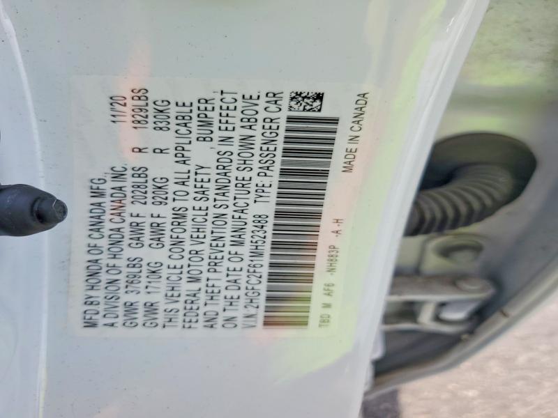 Продаж на аукціоні авто 2021 Honda Civic, vin: 2HGFC2F61MH523488, номер лоту: 53278006
