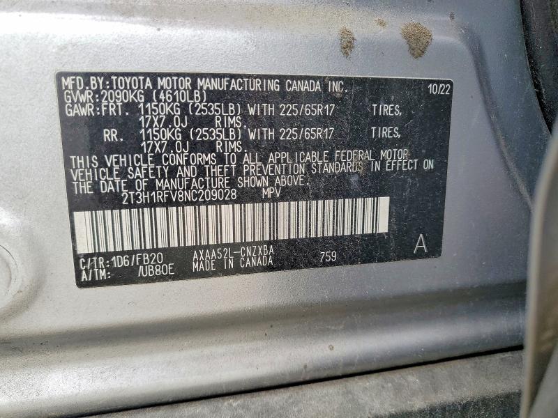 2022 Toyota Rav4 მანქანა იყიდება აუქციონზე, vin: 2T3H1RFV8NC209028, აუქციონის ნომერი: 51785966