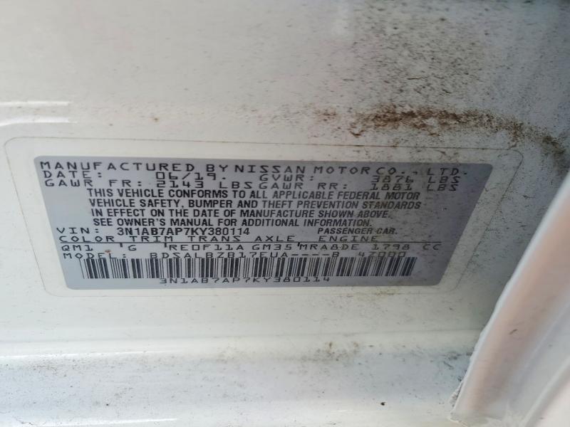 2019 Nissan Sentra მანქანა იყიდება აუქციონზე, vin: 3N1AB7AP7KY380114, აუქციონის ნომერი: 53293906