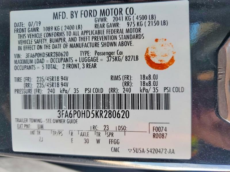 Aukcja sprzedaży 2019 Ford Fusion, vin: 3FA6P0HD5KR280620, numer aukcji: 54899946