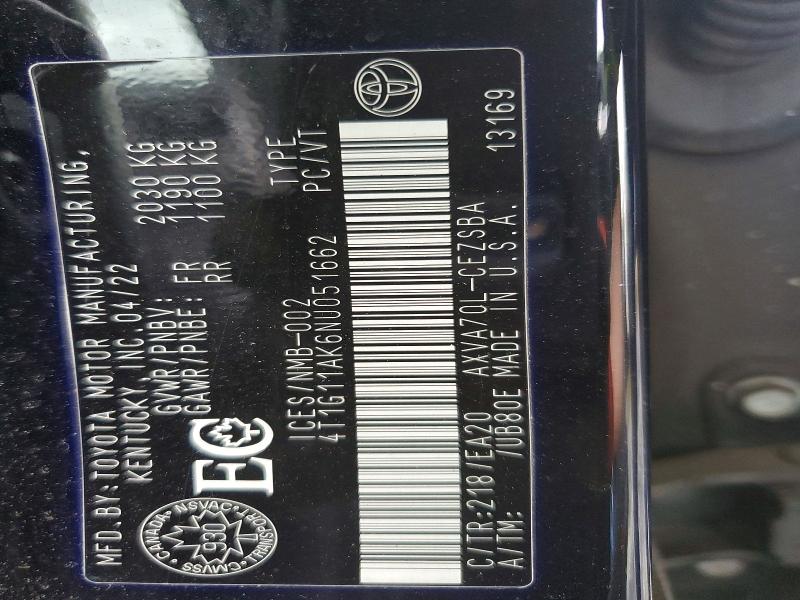 53894996 :رقم المزاد ، 4T1G11AK6NU051662 vin ، 2022 Toyota Camry مزاد بيع