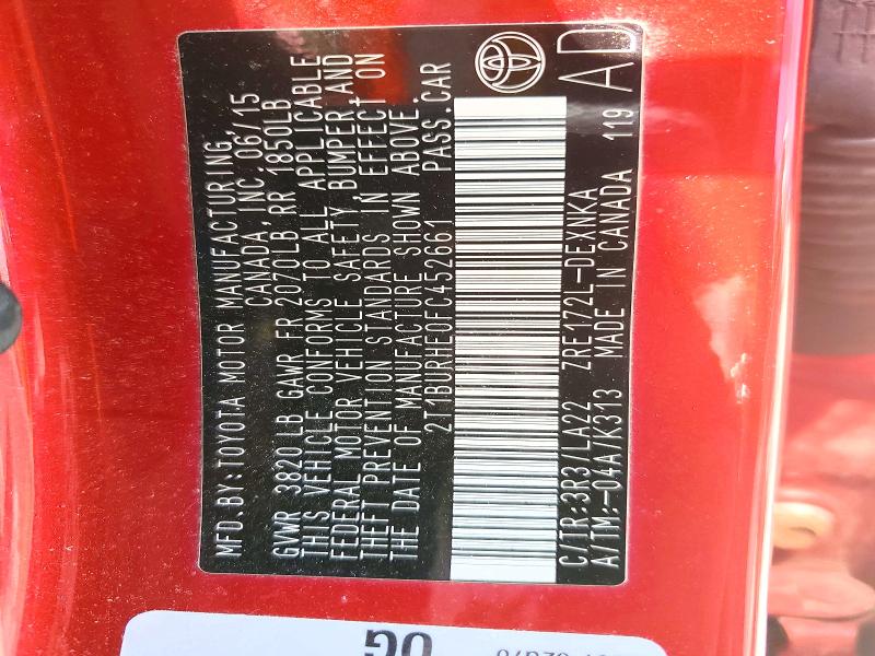 55603406 :رقم المزاد ، 2T1BURHE0FC452661 vin ، 2015 Toyota Corolla مزاد بيع
