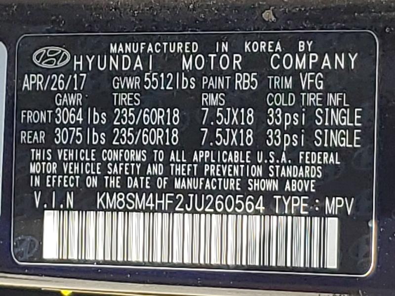 55042196 :رقم المزاد ، KM8SM4HF2JU260564 vin ، 2018 Hyundai Santa Fe مزاد بيع