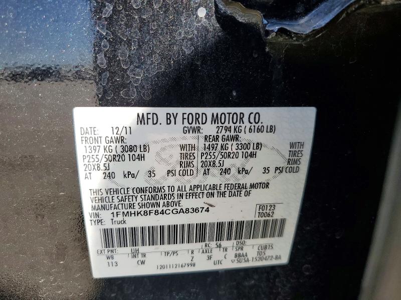 54499356 :رقم المزاد ، 1FMHK8F84CGA83674 vin ، 2012 Ford Explorer مزاد بيع