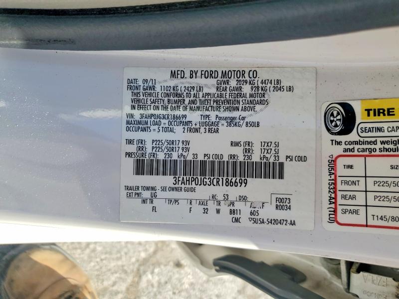 Aukcja sprzedaży 2012 Ford Fusion, vin: 3FAHP0JG3CR186699, numer aukcji: 52564286