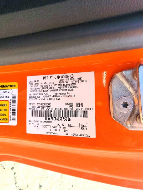 2020 Ford Mustang მანქანა იყიდება აუქციონზე, vin: 1FA6P8CF6L5175936, აუქციონის ნომერი: 54192886