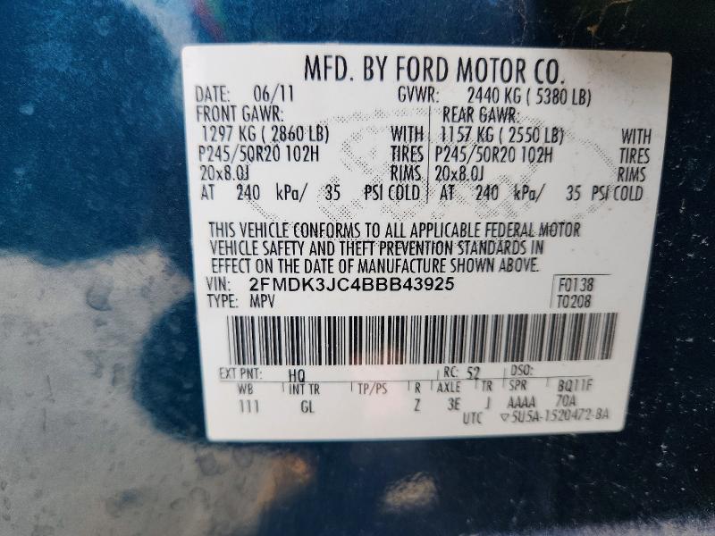 Продажа на аукционе авто 2011 Ford Edge, vin: 2FMDK3JC4BBB43925, номер лота: 55176646