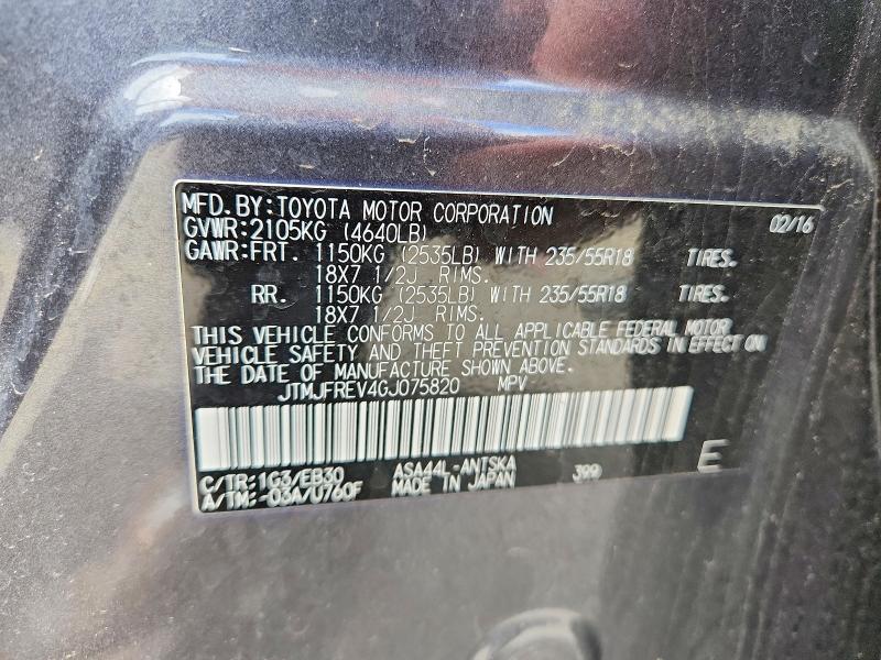 Aukcja sprzedaży 2016 Toyota Rav4, vin: JTMJFREV4GJ075820, numer aukcji: 54730156
