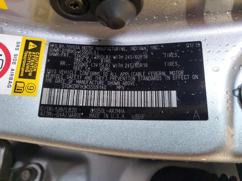 Aukcja sprzedaży 2019 Toyota Highlander, vin: 5TDKZRFH3KS559140, numer aukcji: 52231686
