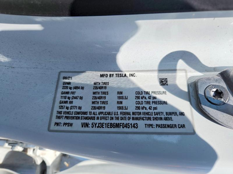 Продажа на аукционе авто 2021 Tesla Model 3, vin: 5YJ3E1EB6MF045143, номер лота: 53125596