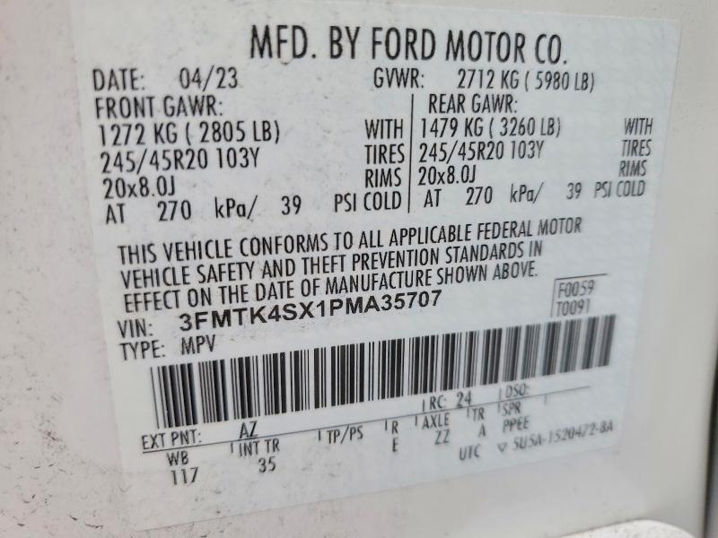 Продаж на аукціоні авто 2023 Ford Mustang Mach-e, vin: 3FMTK4SX1PMA35707, номер лоту: 54956696