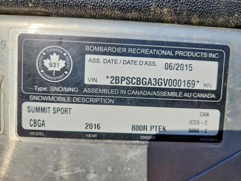 Продаж на аукціоні авто 2016 Ski-doo Summit Sport 800r Rer, vin: 2BPSCBGA3GV000169, номер лоту: 54062406