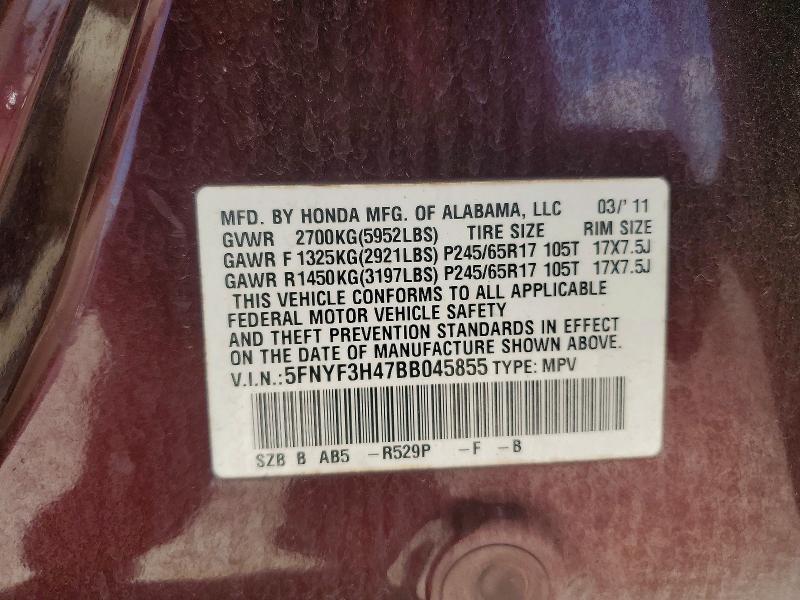 53475206 :رقم المزاد ، 5FNYF3H47BB045855 vin ، 2011 Honda Pilot مزاد بيع
