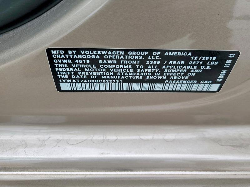 53971406 :رقم المزاد ، 1VWAT7A30GC022731 vin ، 2016 Volkswagen Passat مزاد بيع