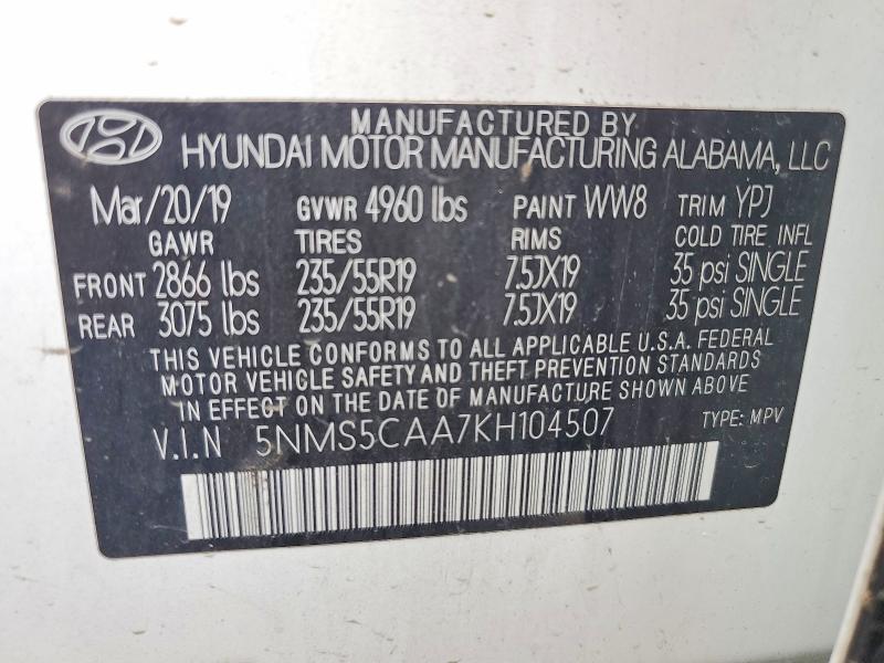 Продажа на аукционе авто 2019 Hyundai Santa Fe, vin: 5NMS5CAA7KH104507, номер лота: 54866606