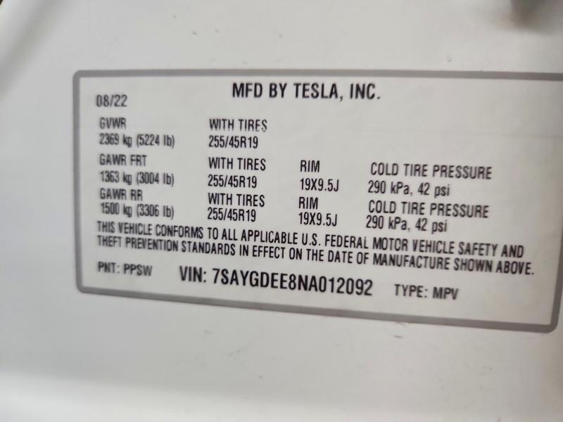 Aukcja sprzedaży 2022 Tesla Model Y, vin: 7SAYGDEE8NA012092, numer aukcji: 52928406