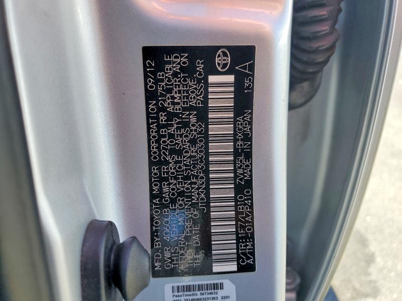 54540746 :رقم المزاد ، JTDKN3DP3C3030132 vin ، 2012 Toyota Prius Plug-in Hybrid مزاد بيع