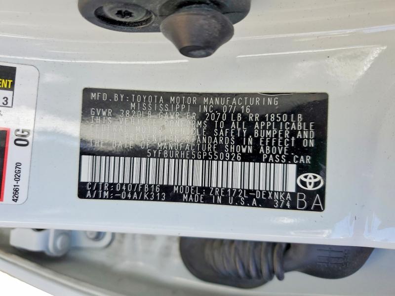 Продажа на аукционе авто 2016 Toyota Corolla, vin: 5YFBURHE5GP550926, номер лота: 54080876