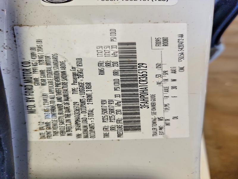 2012 Ford Fusion მანქანა იყიდება აუქციონზე, vin: 3FAHP0HA1CR365129, აუქციონის ნომერი: 54957696