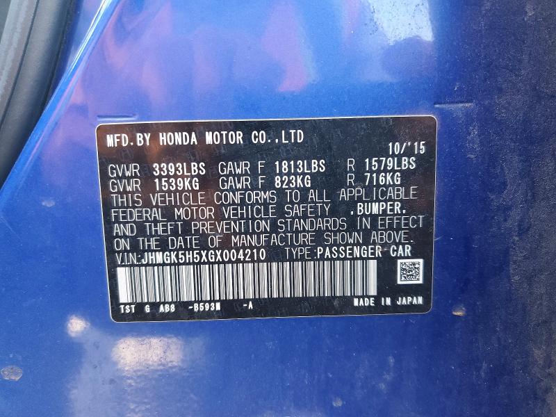 2016 Honda Fit მანქანა იყიდება აუქციონზე, vin: JHMGK5H5XGX004210, აუქციონის ნომერი: 54293866