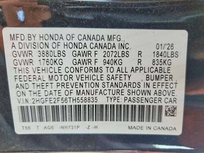 52067996 :رقم المزاد ، 2HGFE2F56TH558835 vin ، 2026 Honda Civic مزاد بيع