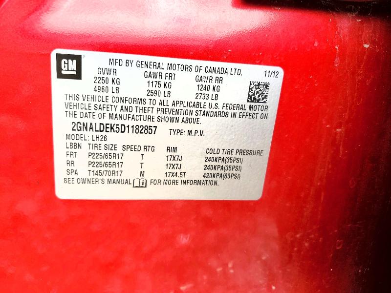 52103136 :رقم المزاد ، 2GNALDEK5D1182857 vin ، 2013 Chevrolet Equinox مزاد بيع