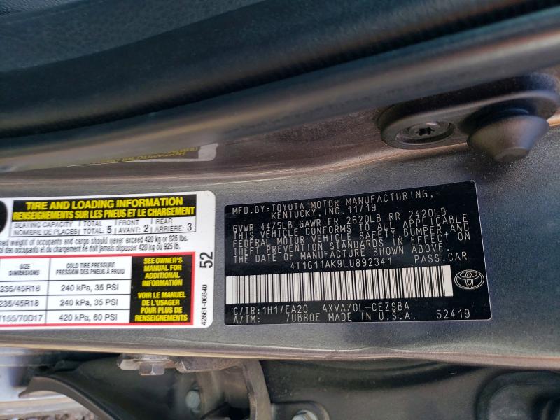 Aukcja sprzedaży 2020 Toyota Camry, vin: 4T1G11AK9LU892341, numer aukcji: 51115426