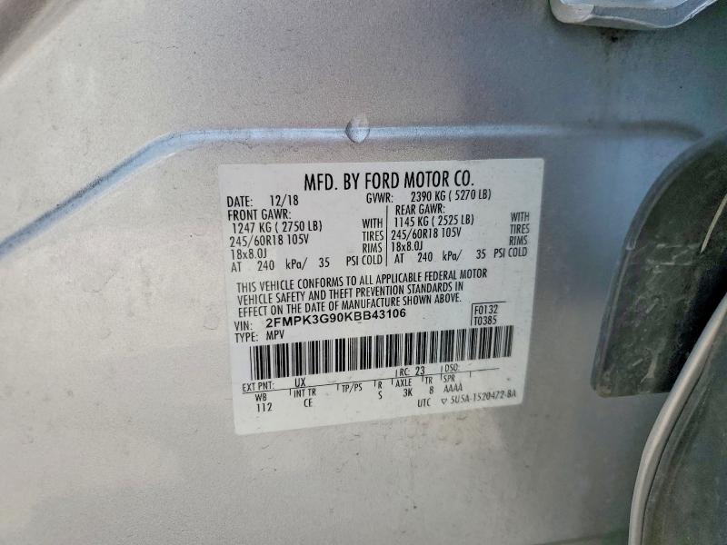 2019 Ford Edge მანქანა იყიდება აუქციონზე, vin: 2FMPK3G90KBB43106, აუქციონის ნომერი: 54060006