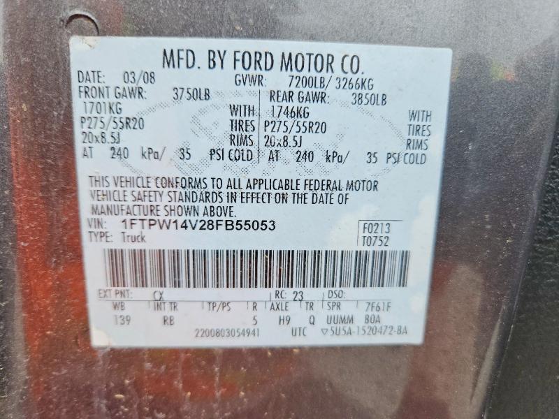 54420676 :رقم المزاد ، 1FTPW14V28FB55053 vin ، 2008 Ford F150 مزاد بيع