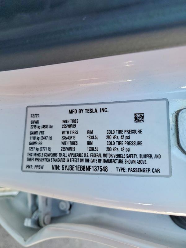 Продажа на аукционе авто 2022 Tesla Model 3, vin: 5YJ3E1EB8NF137548, номер лота: 53806866