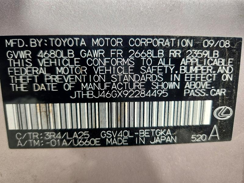Aukcja sprzedaży 2009 Lexus Es, vin: JTHBJ46GX92284495, numer aukcji: 51834386