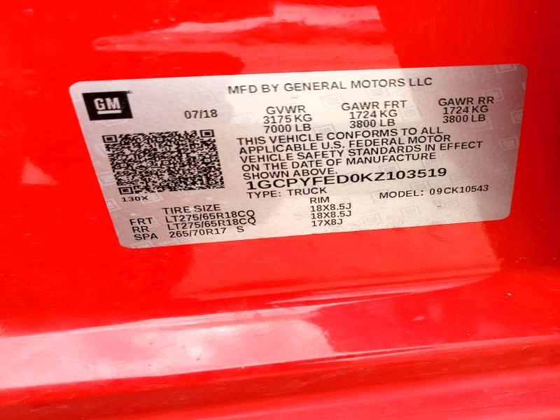 2019 Chevrolet Silverado მანქანა იყიდება აუქციონზე, vin: 1GCPYFED0KZ103519, აუქციონის ნომერი: 54912856