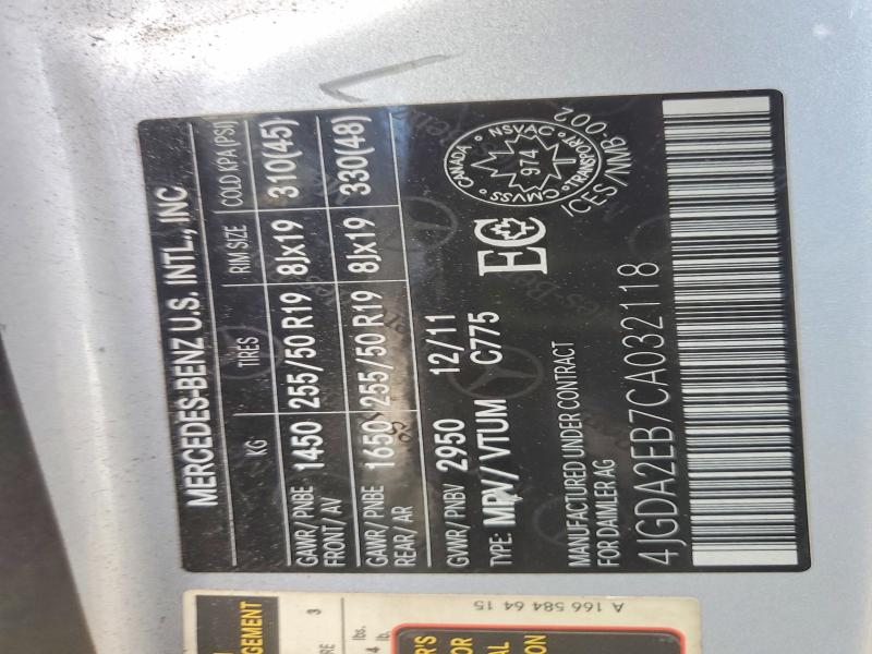 2012 Mercedes-benz Ml მანქანა იყიდება აუქციონზე, vin: 4JGDA2EB7CA032118, აუქციონის ნომერი: 55114236