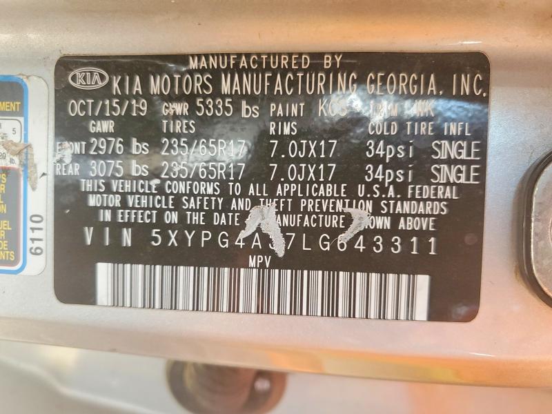 2020 Kia Sorento მანქანა იყიდება აუქციონზე, vin: 5XYPG4A37LG643311, აუქციონის ნომერი: 54728296