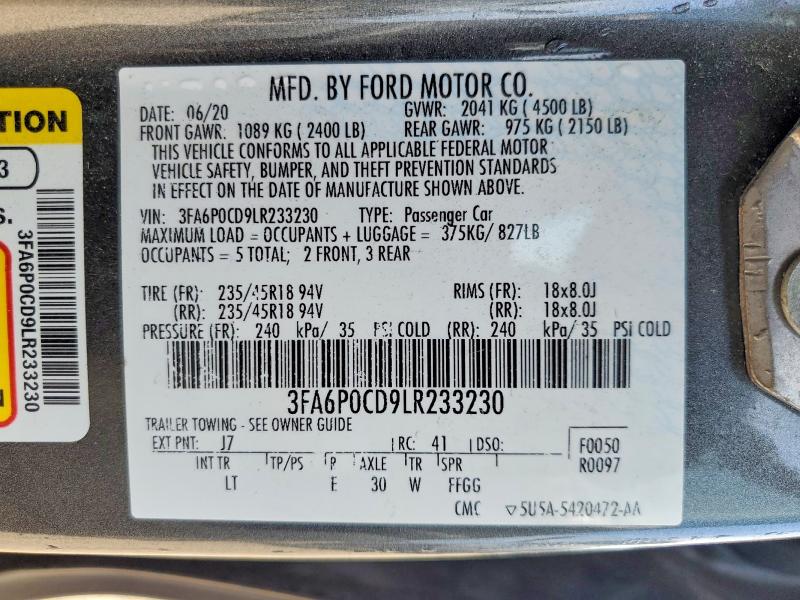 Продаж на аукціоні авто 2020 Ford Fusion, vin: 3FA6P0CD9LR233230, номер лоту: 54441916