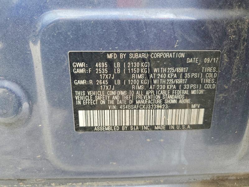2018 Subaru Outback მანქანა იყიდება აუქციონზე, vin: 4S4BSAFCXJ3238623, აუქციონის ნომერი: 52207456