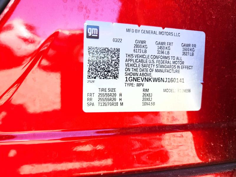 2022 Chevrolet Traverse მანქანა იყიდება აუქციონზე, vin: 1GNEVNKW6NJ160141, აუქციონის ნომერი: 54165046